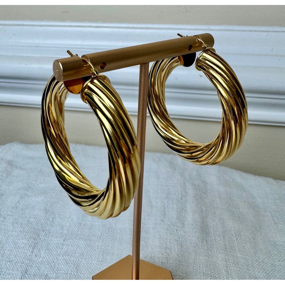 Vintage DV Italy 18K Gold Plated Bronze Twisted Hoop Earrings 1.75" Large Y2K
